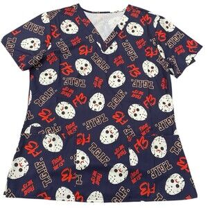 Friday the 13th Medical Scrub Top Jason Mask TGIF F13 Size M
